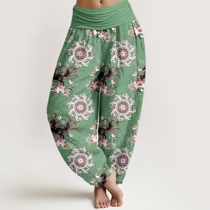 Buddha Stones Damen-Haremshose aus reiner Baumwolle mit Pferde-, Lotus- und Mandala-Muster und elastischem Bund - Mittelseegrün - US16, UK/AU20, EU48 (3XL) - image 5