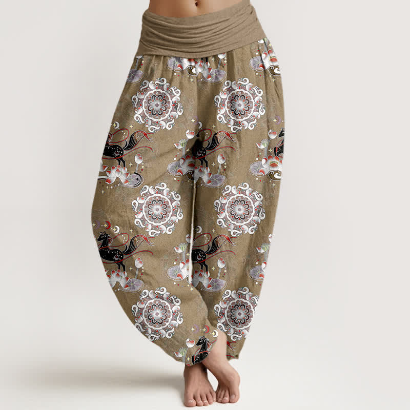 Buddha Stones Damen-Haremshose aus reiner Baumwolle mit Pferde-, Lotus- und Mandala-Muster und elastischem Bund - Bräunen - US16, UK/AU20, EU48 (3XL) - image 8
