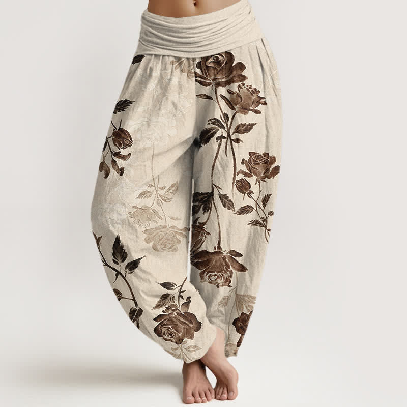 Buddha Stones Baumwoll-Haremshose mit Vintage-Rosenmuster und elastischem Bund für Damen - Leinen - US16, UK/AU20, EU48 (3XL) - image 0