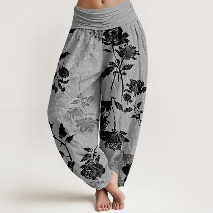 Buddha Stones Baumwoll-Haremshose mit Vintage-Rosenmuster und elastischem Bund für Damen - Dunkelgrau - US16, UK/AU20, EU48 (3XL) - image 5
