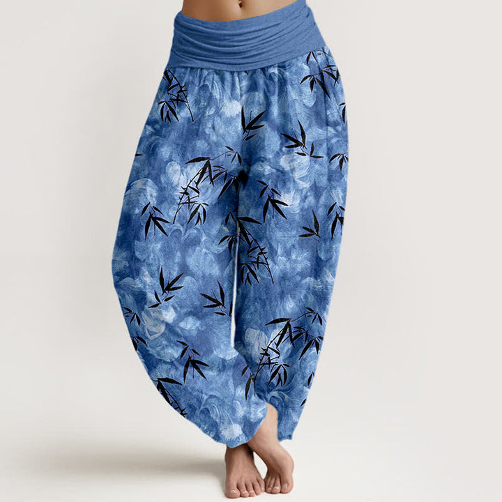 Buddha Stones Schwarze Haremshose aus reiner Baumwolle mit Bambusblattmuster und elastischem Bund für Damen - Kornblumenblau - US16, UK/AU20, EU48 (3XL) - image 8