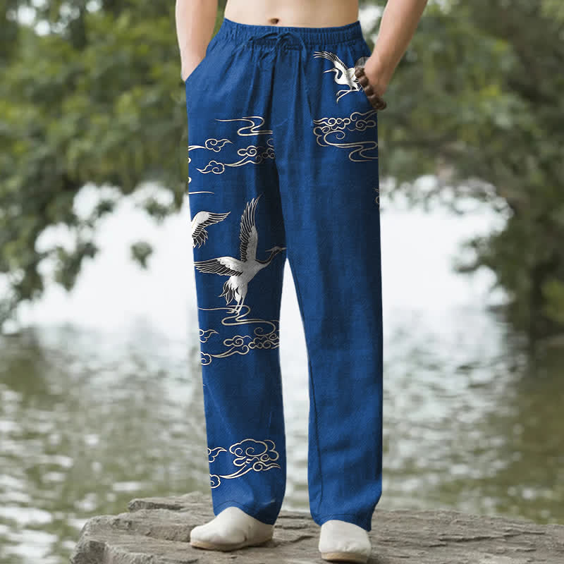 Buddha Stones Weiße, schmal zulaufende Herrenhose aus Baumwolle mit Kranich-Wellenmuster und Taschen - Königsblau - US/ UK/AU50, EU60 (5XL) - image 0