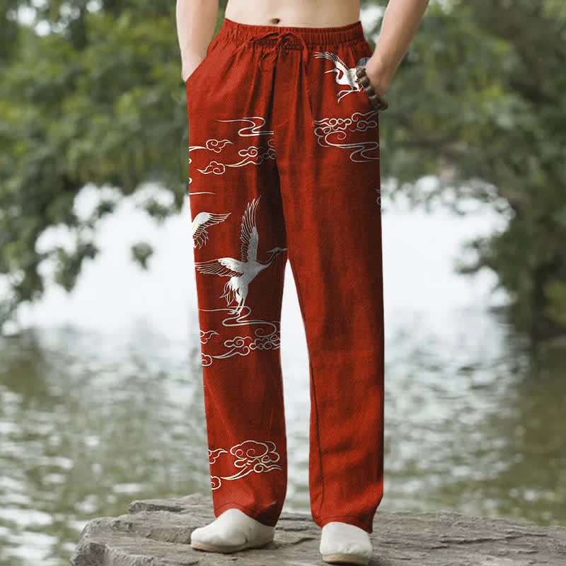 Buddha Stones Weiße, schmal zulaufende Herrenhose aus Baumwolle mit Kranich-Wellenmuster und Taschen - Dunkelrot - US/ UK/AU50, EU60 (5XL) - image 4