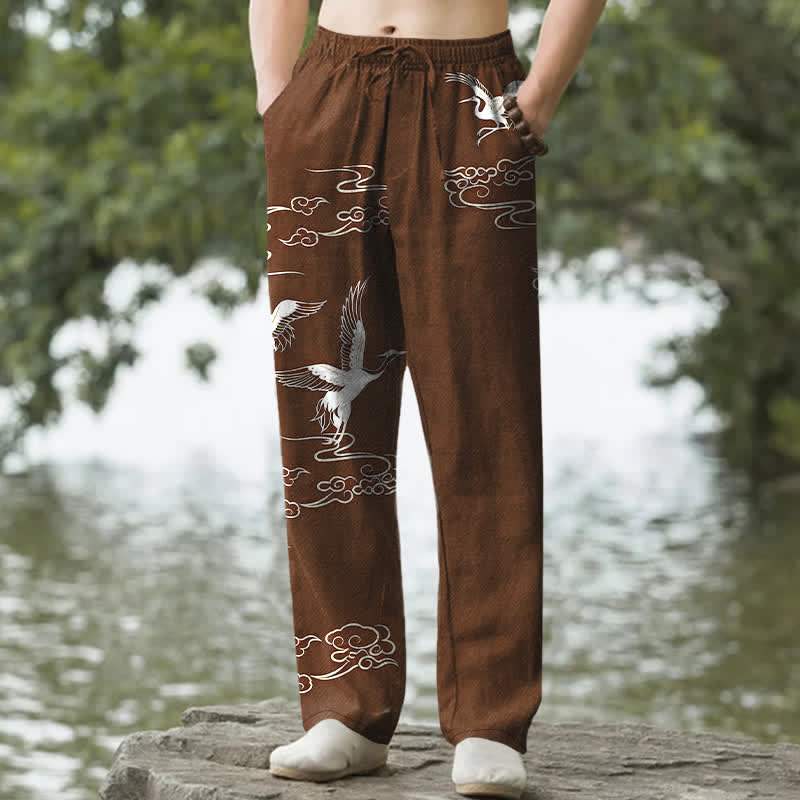 Buddha Stones Weiße, schmal zulaufende Herrenhose aus Baumwolle mit Kranich-Wellenmuster und Taschen - Sattelbraun - US/ UK/AU50, EU60 (5XL) - image 6