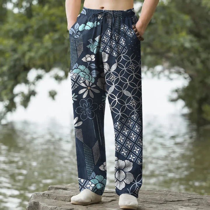 Buddha Stones Herrenhose aus Baumwolle mit böhmischem, geometrischem Blumenmuster, schmal zulaufendem Schnitt und Taschen - Marine - US/ UK/AU50, EU60 (5XL) - image 0