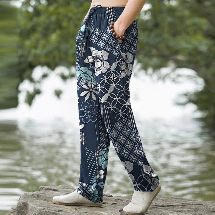 Buddha Stones Herrenhose aus Baumwolle mit böhmischem, geometrischem Blumenmuster, schmal zulaufendem Schnitt und Taschen - image 1