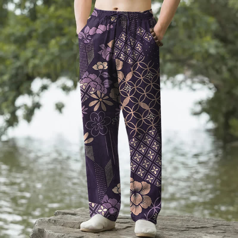 Buddha Stones Herrenhose aus Baumwolle mit böhmischem, geometrischem Blumenmuster, schmal zulaufendem Schnitt und Taschen - Lila - US/ UK/AU50, EU60 (5XL) - image 4