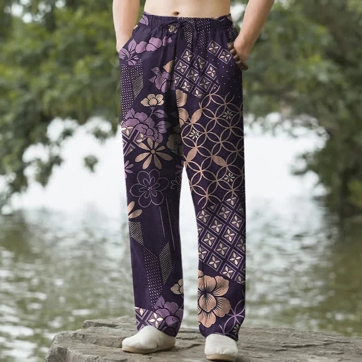 Buddha Stones Herrenhose aus Baumwolle mit böhmischem, geometrischem Blumenmuster, schmal zulaufendem Schnitt und Taschen - Lila - US/ UK/AU50, EU60 (5XL) - image 4