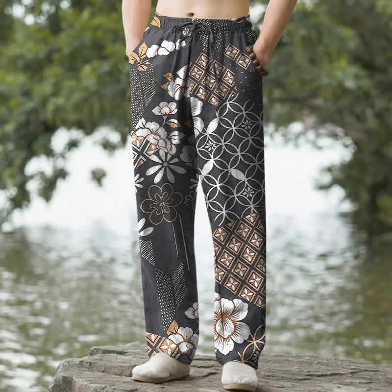 Buddha Stones Herrenhose aus Baumwolle mit böhmischem, geometrischem Blumenmuster, schmal zulaufendem Schnitt und Taschen - DimGray - US/ UK/AU50, EU60 (5XL) - image 6