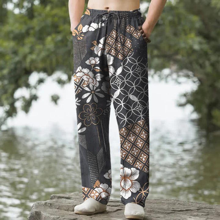 Buddha Stones Herrenhose aus Baumwolle mit böhmischem, geometrischem Blumenmuster, schmal zulaufendem Schnitt und Taschen - DimGray - US/ UK/AU50, EU60 (5XL) - image 6
