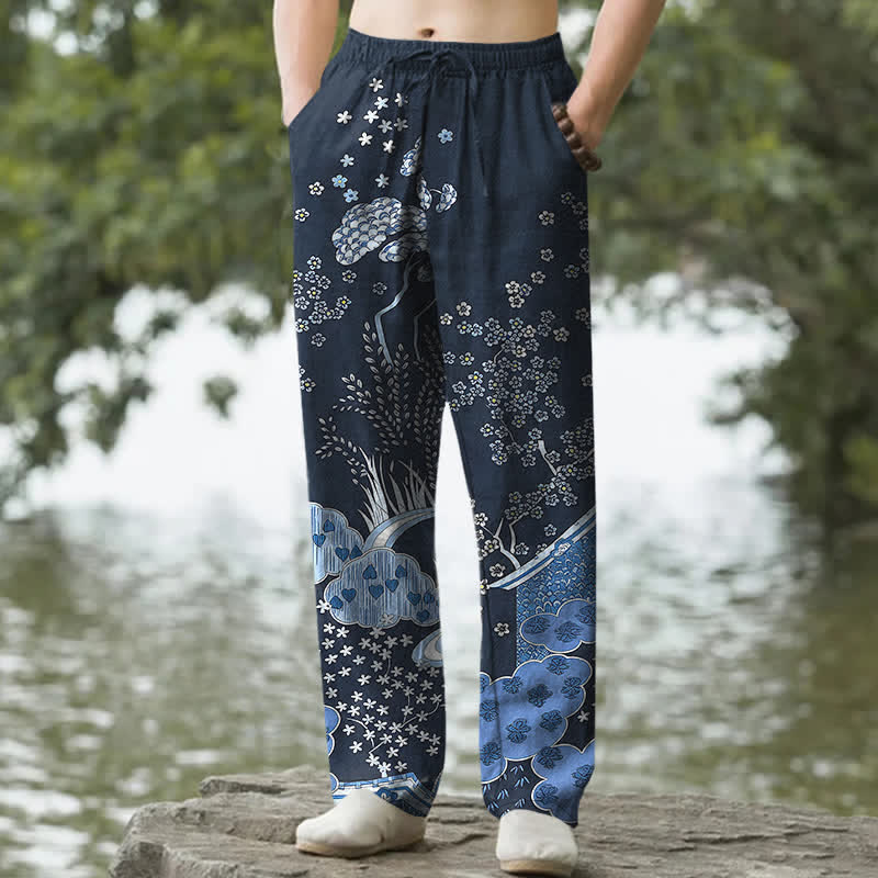 Buddha Stones Weiße, schmal zulaufende Herrenhose aus Baumwolle mit floralem Wolkenmuster und Taschen - Marine - US/ UK/AU50, EU60 (5XL) - image 0