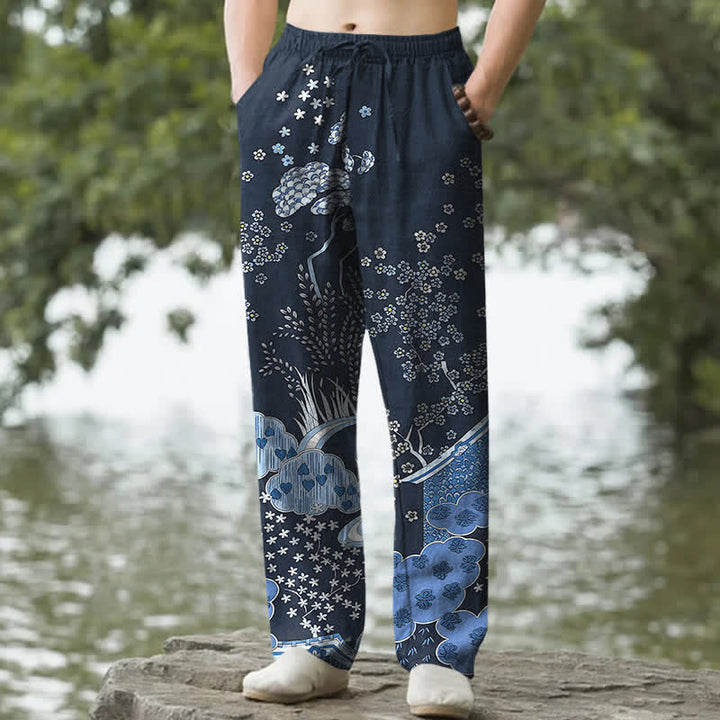 Buddha Stones Weiße, schmal zulaufende Herrenhose aus Baumwolle mit floralem Wolkenmuster und Taschen - Marine - US/ UK/AU50, EU60 (5XL) - image 0