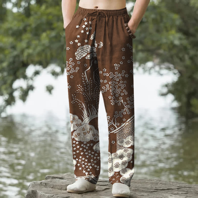 Buddha Stones Weiße, schmal zulaufende Herrenhose aus Baumwolle mit floralem Wolkenmuster und Taschen - Sattelbraun - US/ UK/AU50, EU60 (5XL) - image 4