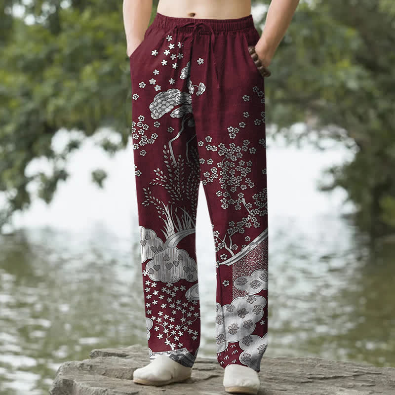 Buddha Stones Weiße, schmal zulaufende Herrenhose aus Baumwolle mit floralem Wolkenmuster und Taschen - Kastanienbraun - US/ UK/AU50, EU60 (5XL) - image 6