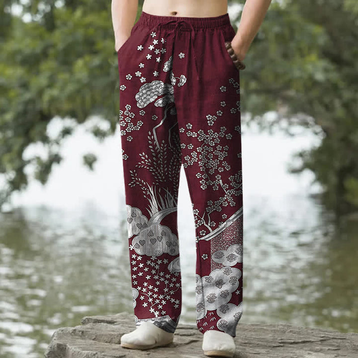 Buddha Stones Weiße, schmal zulaufende Herrenhose aus Baumwolle mit floralem Wolkenmuster und Taschen - Kastanienbraun - US/ UK/AU50, EU60 (5XL) - image 6