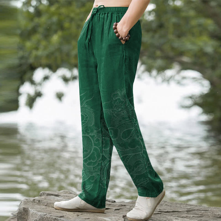 Buddha Stones Herren-Baumwollhose mit dezentem Drachenmuster und schmal zulaufendem Bein sowie Taschen - image 5