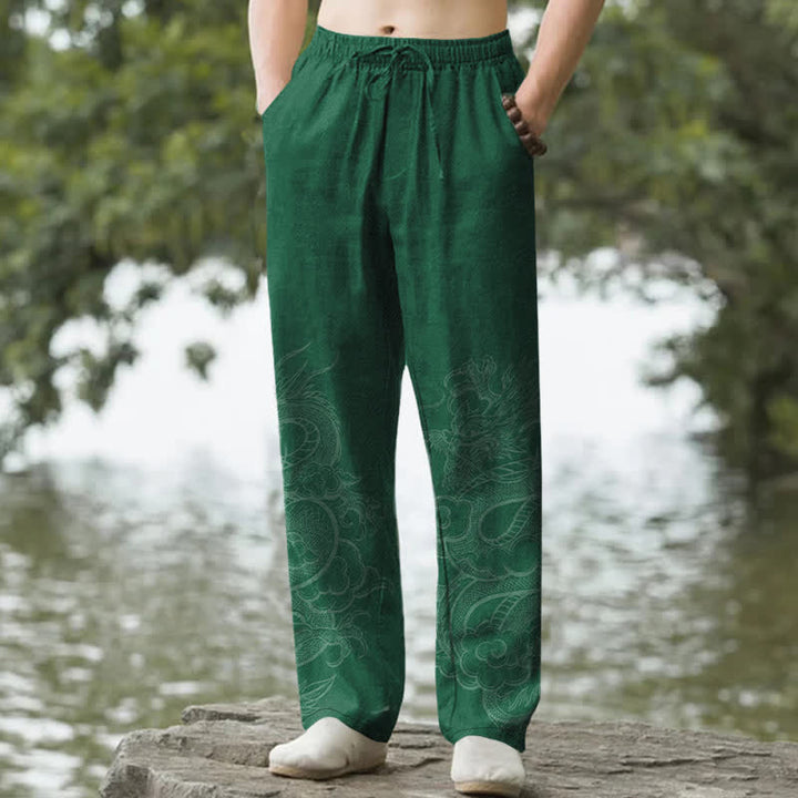 Buddha Stones Herren-Baumwollhose mit dezentem Drachenmuster und schmal zulaufendem Bein sowie Taschen - Waldgrün - US/ UK/AU50, EU60 (5XL) - image 4