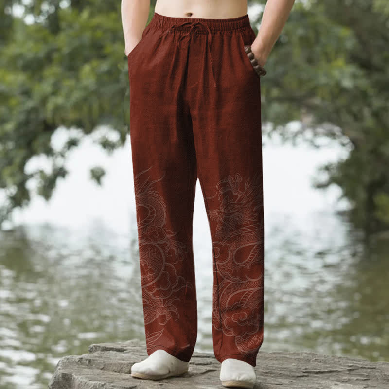 Buddha Stones Herren-Baumwollhose mit dezentem Drachenmuster und schmal zulaufendem Bein sowie Taschen - Kastanienbraun - US/ UK/AU50, EU60 (5XL) - image 6