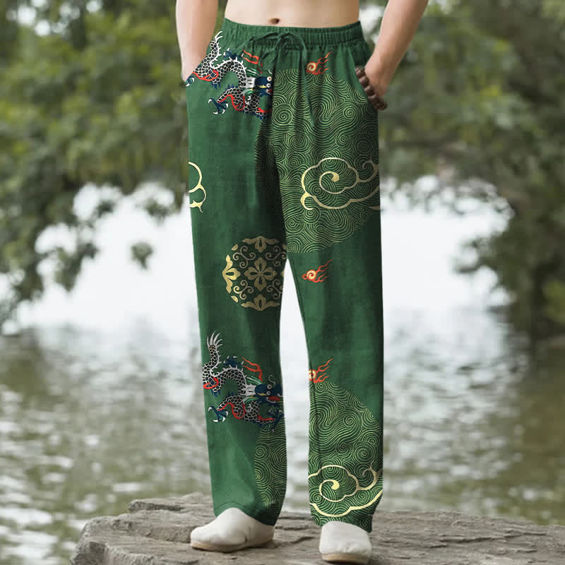 Buddha Stones Baumwollhose für Herren mit schmal zulaufendem Schnitt und Taschen, verziert mit dem glückverheißenden Wolken-Drachen-Muster - Waldgrün - US/ UK/AU50, EU60 (5XL) - image 0