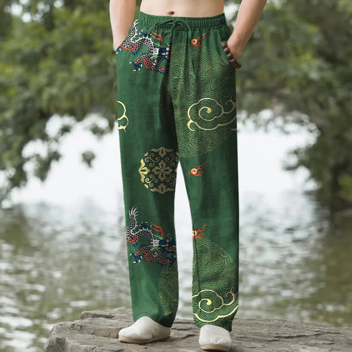 Buddha Stones Baumwollhose für Herren mit schmal zulaufendem Schnitt und Taschen, verziert mit dem glückverheißenden Wolken-Drachen-Muster - Waldgrün - US/ UK/AU50, EU60 (5XL) - image 0