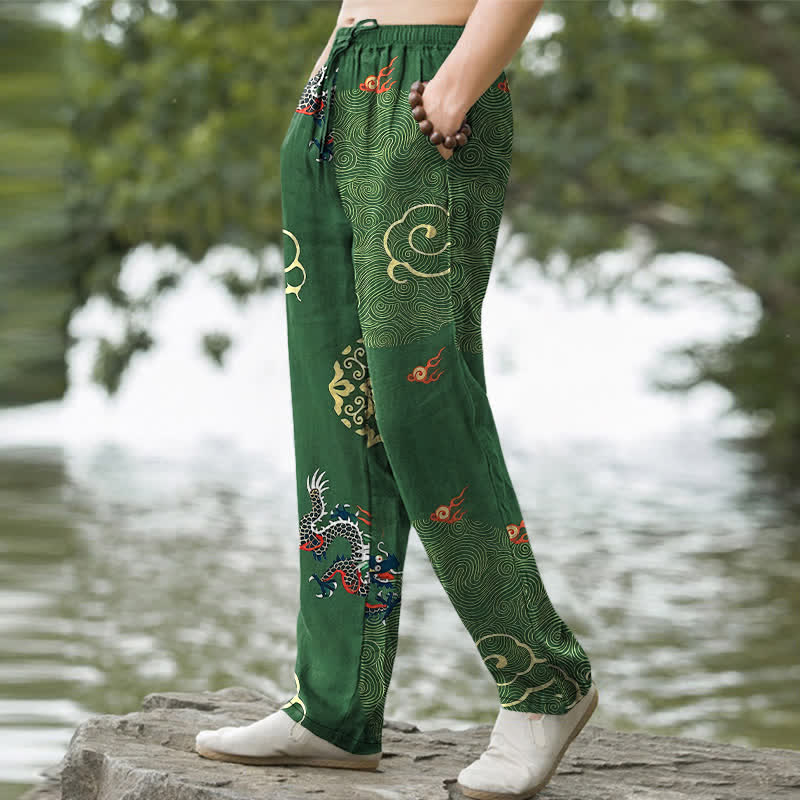 Buddha Stones Baumwollhose für Herren mit schmal zulaufendem Schnitt und Taschen, verziert mit dem glückverheißenden Wolken-Drachen-Muster - image 1