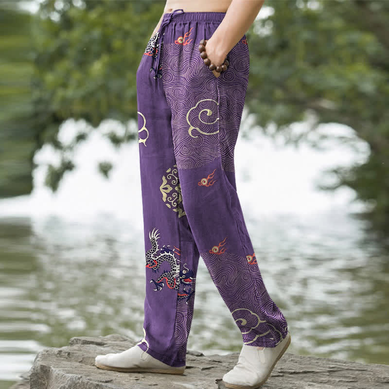 Buddha Stones Baumwollhose für Herren mit schmal zulaufendem Schnitt und Taschen, verziert mit dem glückverheißenden Wolken-Drachen-Muster - image 5