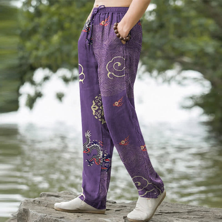 Buddha Stones Baumwollhose für Herren mit schmal zulaufendem Schnitt und Taschen, verziert mit dem glückverheißenden Wolken-Drachen-Muster - image 5