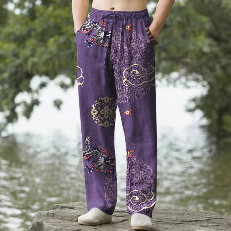Buddha Stones Baumwollhose für Herren mit schmal zulaufendem Schnitt und Taschen, verziert mit dem glückverheißenden Wolken-Drachen-Muster - Lila - US/ UK/AU50, EU60 (5XL) - image 4