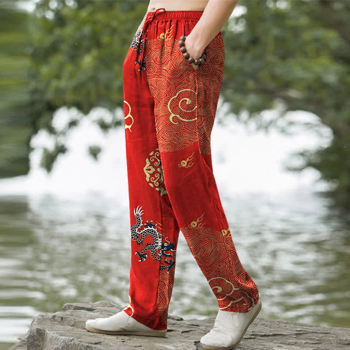 Buddha Stones Baumwollhose für Herren mit schmal zulaufendem Schnitt und Taschen, verziert mit dem glückverheißenden Wolken-Drachen-Muster - image 7