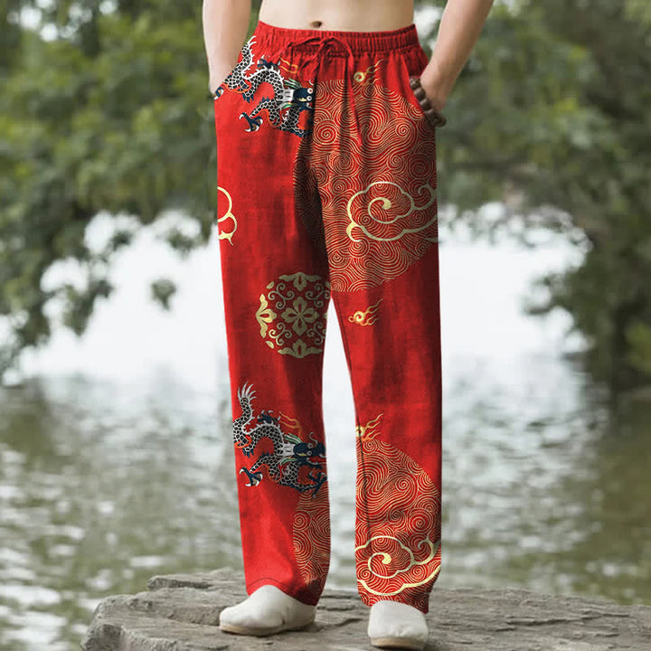 Buddha Stones Baumwollhose für Herren mit schmal zulaufendem Schnitt und Taschen, verziert mit dem glückverheißenden Wolken-Drachen-Muster - Rot - US/ UK/AU50, EU60 (5XL) - image 6