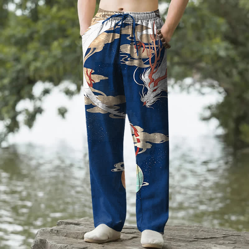 Buddha Stones Weiße Baumwollhose für Herren mit Drachen- und Wolkenmuster, schmal zulaufend und mit Taschen - Marine - US/ UK/AU50, EU60 (5XL) - image 0