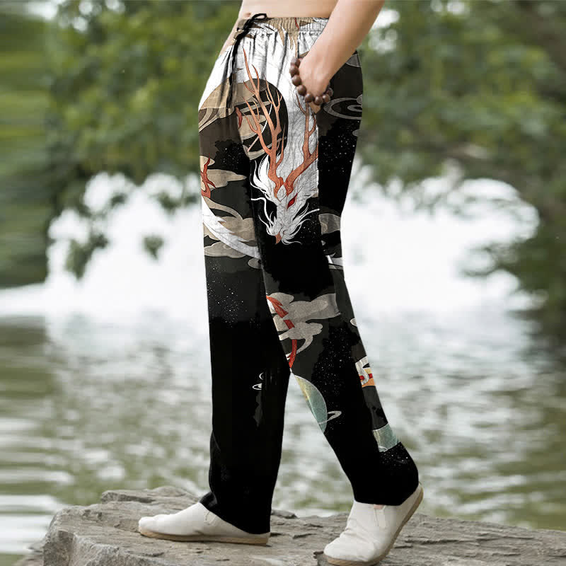Buddha Stones Weiße Baumwollhose für Herren mit Drachen- und Wolkenmuster, schmal zulaufend und mit Taschen - image 5