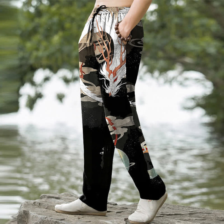 Buddha Stones Weiße Baumwollhose für Herren mit Drachen- und Wolkenmuster, schmal zulaufend und mit Taschen - image 5
