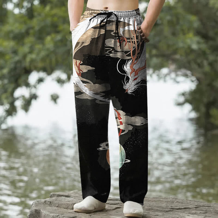 Buddha Stones Weiße Baumwollhose für Herren mit Drachen- und Wolkenmuster, schmal zulaufend und mit Taschen - Schwarz - US/ UK/AU50, EU60 (5XL) - image 4