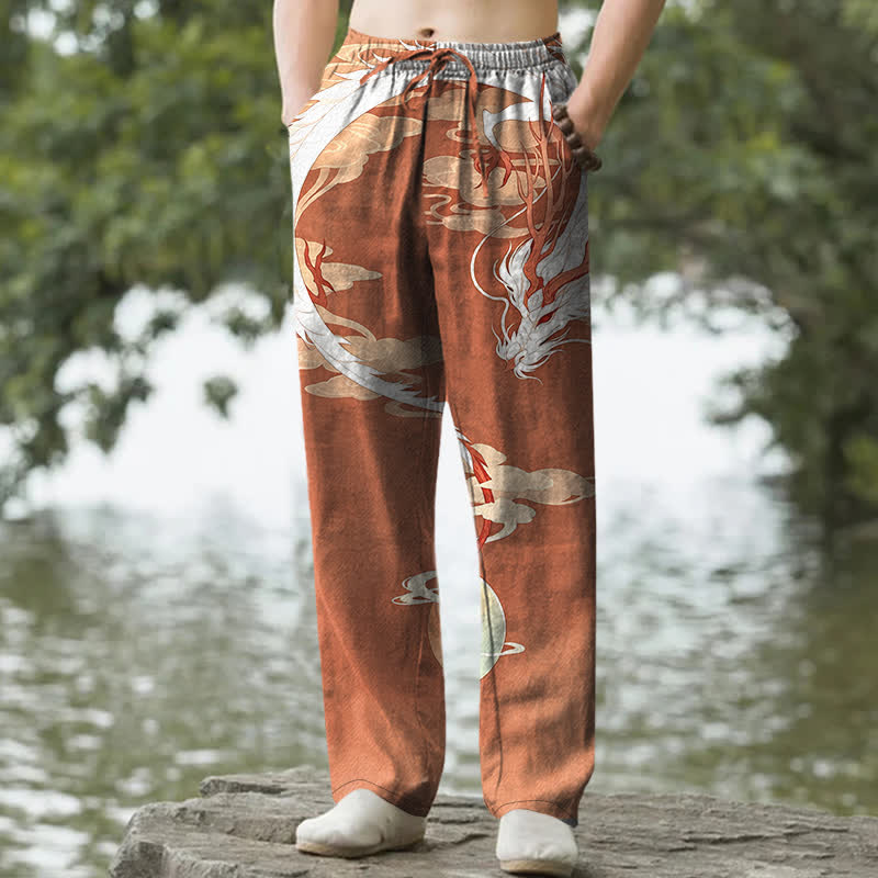 Buddha Stones Weiße Baumwollhose für Herren mit Drachen- und Wolkenmuster, schmal zulaufend und mit Taschen - Sienna - US/ UK/AU50, EU60 (5XL) - image 6