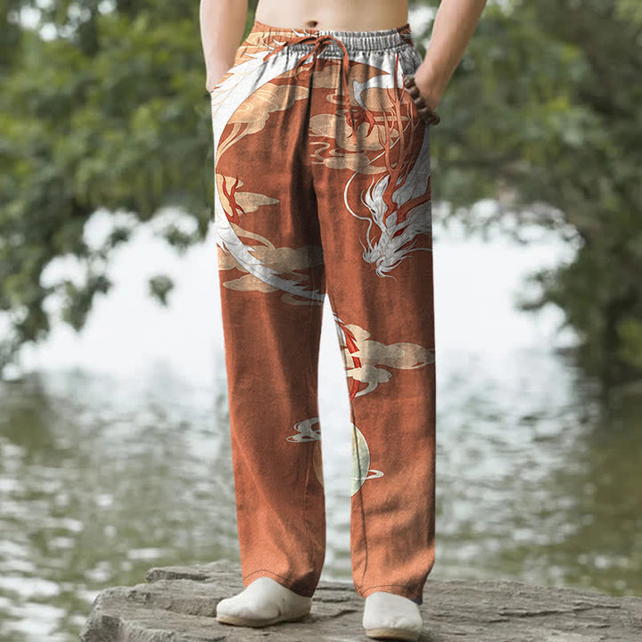 Buddha Stones Weiße Baumwollhose für Herren mit Drachen- und Wolkenmuster, schmal zulaufend und mit Taschen - Sienna - US/ UK/AU50, EU60 (5XL) - image 6