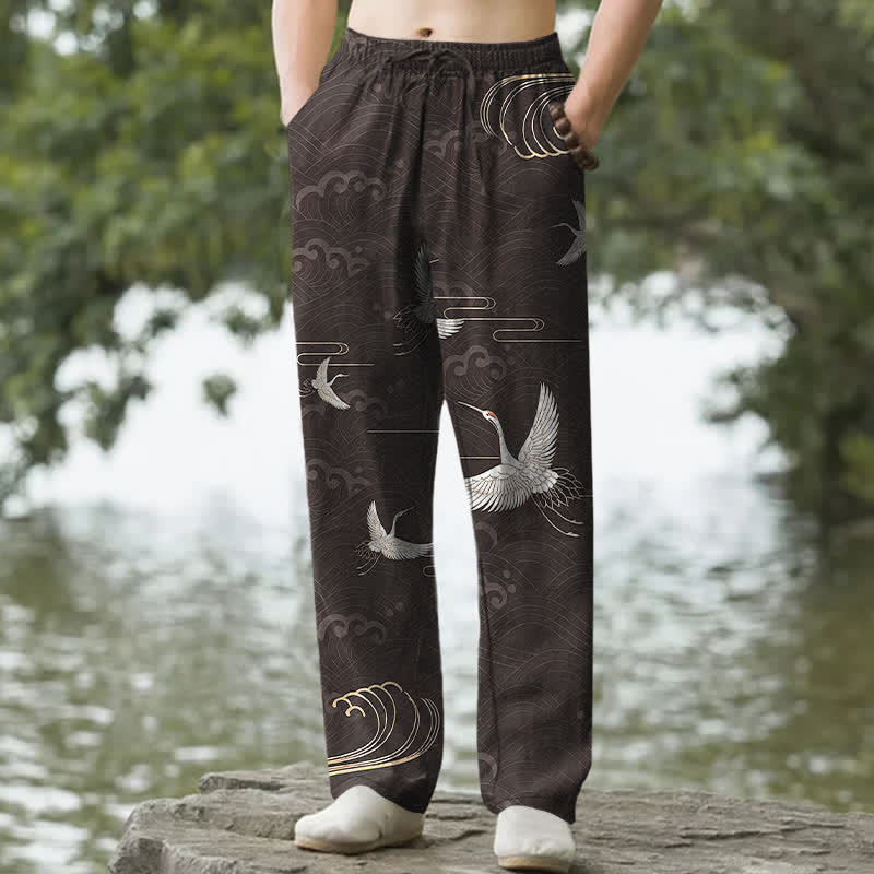 Buddha Stones Weiße Baumwollhose für Herren mit Kranich- und Goldwellenmuster, schmal zulaufend und mit Taschen - Schwarz - US/ UK/AU50, EU60 (5XL) - image 0