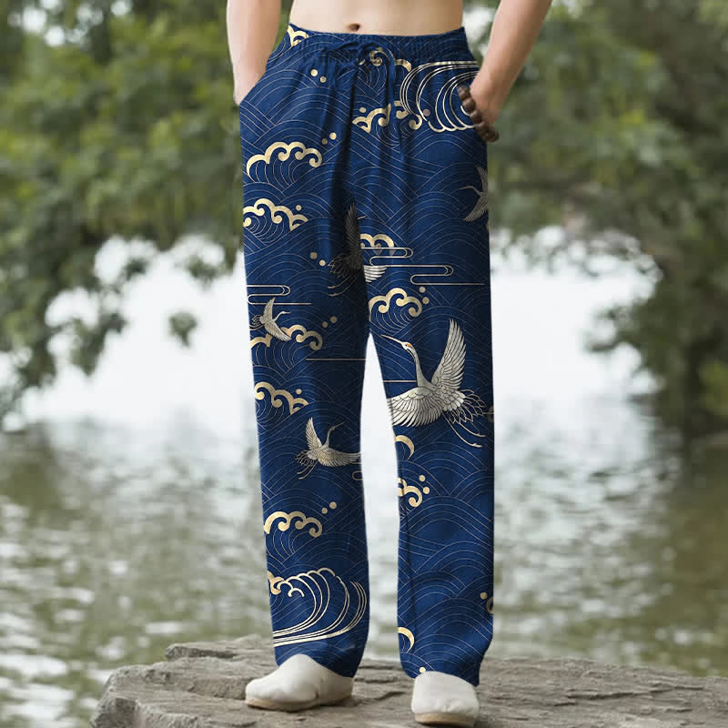 Buddha Stones Weiße Baumwollhose für Herren mit Kranich- und Goldwellenmuster, schmal zulaufend und mit Taschen - Marine - US/ UK/AU50, EU60 (5XL) - image 4