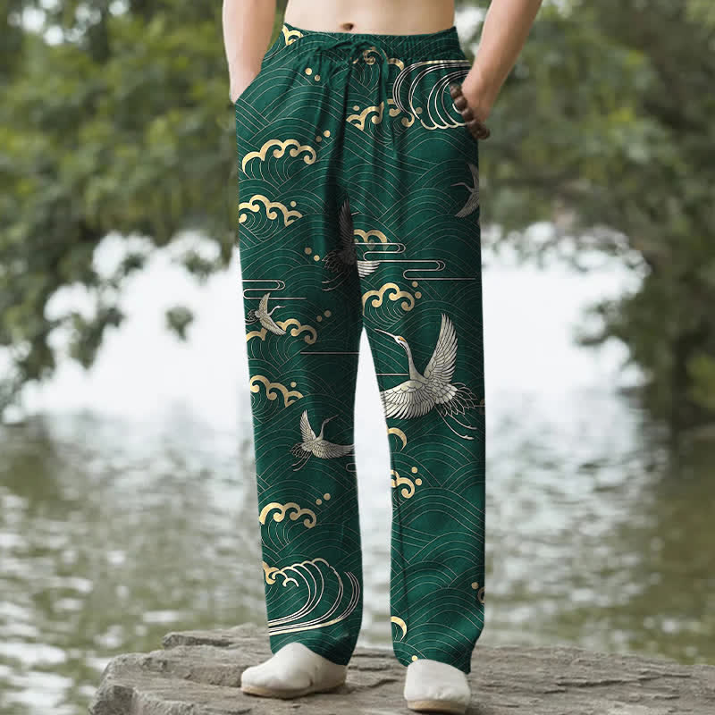 Buddha Stones Weiße Baumwollhose für Herren mit Kranich- und Goldwellenmuster, schmal zulaufend und mit Taschen - Waldgrün - US/ UK/AU50, EU60 (5XL) - image 6