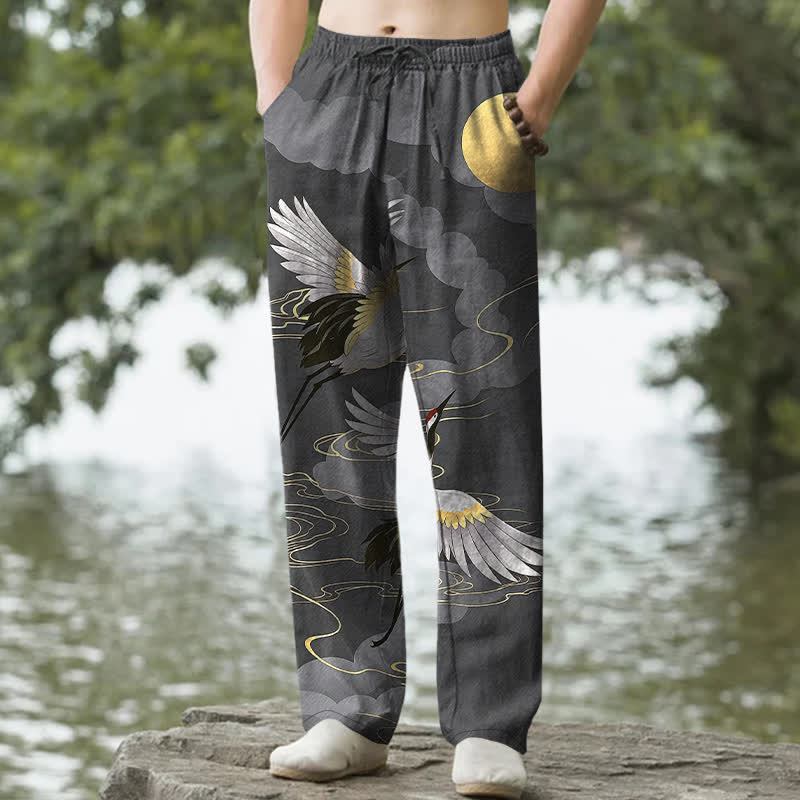 Buddha Stones Weiße Baumwollhose für Herren mit Kranichmuster, das die Sonne verfolgt, schmal zulaufender Schnitt und Taschen - DimGray - US/UK/AU50, EU60 (5XL) - image 0