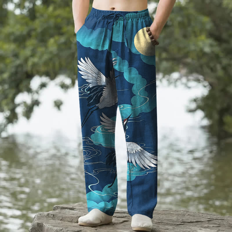 Buddha Stones Weiße Baumwollhose für Herren mit Kranichmuster, das die Sonne verfolgt, schmal zulaufender Schnitt und Taschen - Königsblau - US/ UK/AU50, EU60 (5XL) - image 4