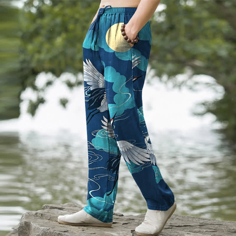 Buddha Stones Weiße Baumwollhose für Herren mit Kranichmuster, das die Sonne verfolgt, schmal zulaufender Schnitt und Taschen - image 5