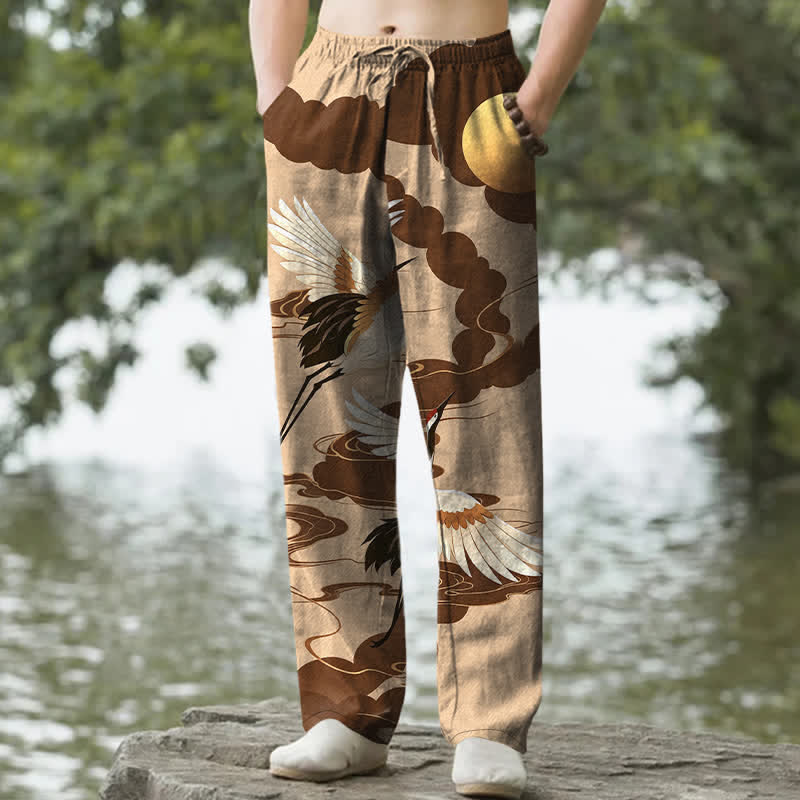 Buddha Stones Weiße Baumwollhose für Herren mit Kranichmuster, das die Sonne verfolgt, schmal zulaufender Schnitt und Taschen - BurlyWood - US/ UK/AU50, EU60 (5XL) - image 6