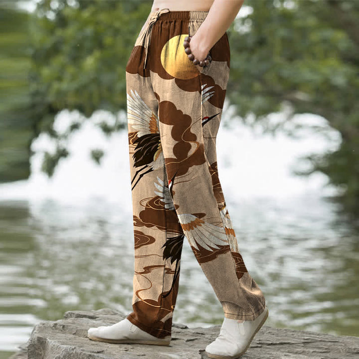 Buddha Stones Weiße Baumwollhose für Herren mit Kranichmuster, das die Sonne verfolgt, schmal zulaufender Schnitt und Taschen - image 7