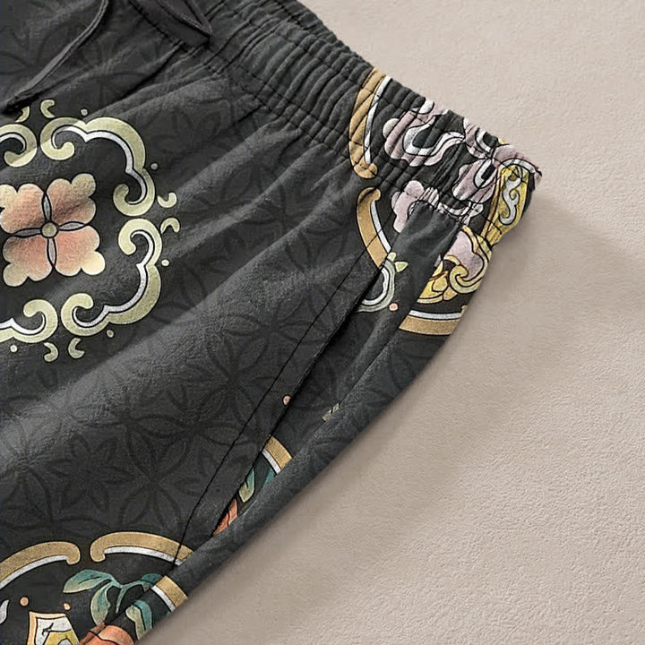 Buddha Stones Baumwollhose für Herren mit Vintage-Blumenmedaillonmuster, schmal zulaufendem Schnitt und Taschen - image 2