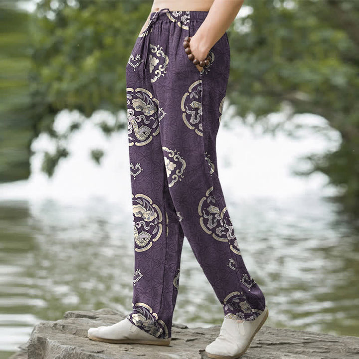 Buddha Stones Baumwollhose für Herren mit Vintage-Blumenmedaillonmuster, schmal zulaufendem Schnitt und Taschen - image 7