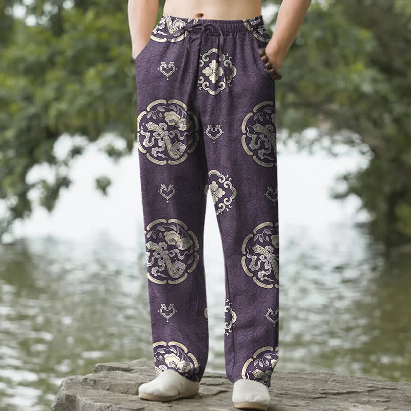 Buddha Stones Baumwollhose für Herren mit Vintage-Blumenmedaillonmuster, schmal zulaufendem Schnitt und Taschen - Lila - US/ UK/AU50, EU60 (5XL) - image 6