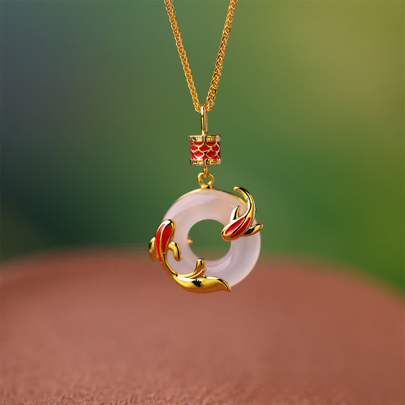 Buddha Stones Runde Halskette mit weißer Chalcedon-Koi-Fisch-Friedensschnalle - image 8