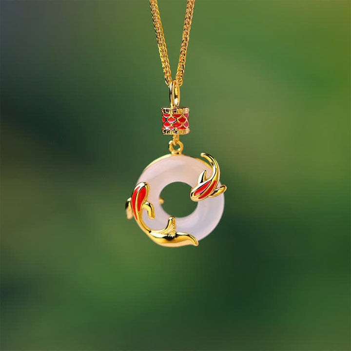 Buddha Stones Runde Halskette mit weißer Chalcedon-Koi-Fisch-Friedensschnalle - image 3