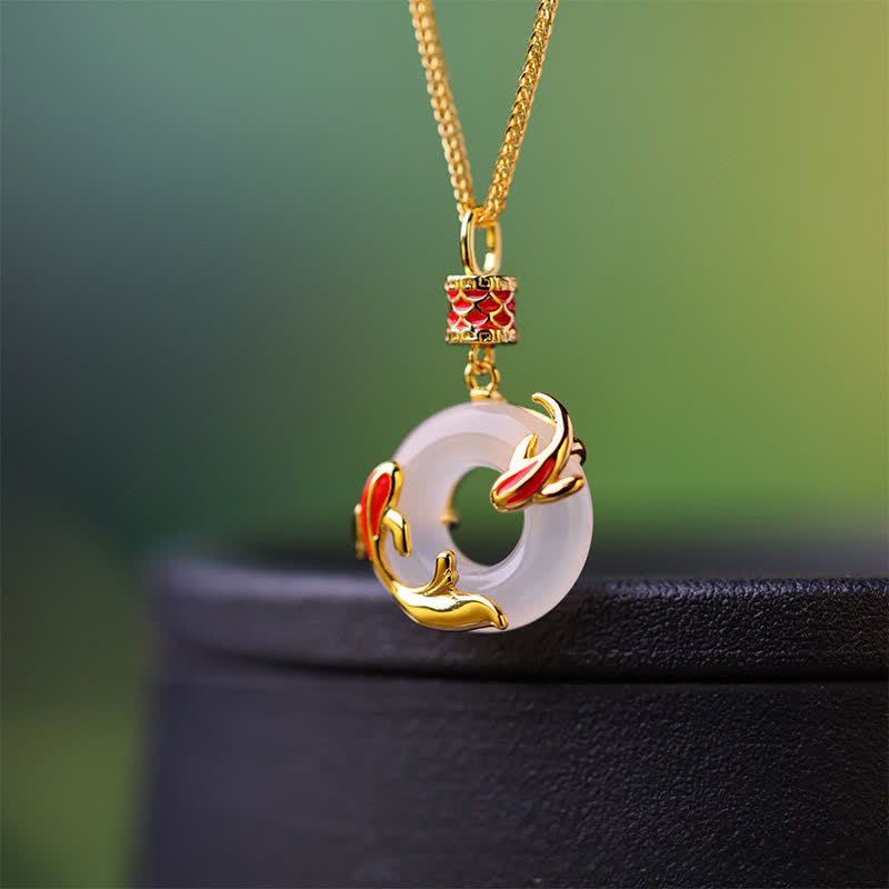 Buddha Stones Runde Halskette mit weißer Chalcedon-Koi-Fisch-Friedensschnalle - image 1